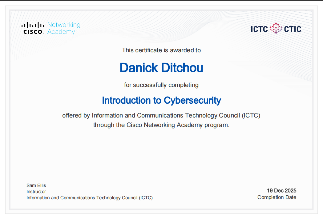 Introduction to Cybersecurity certificate from Cisco Networking Academy and ICTC